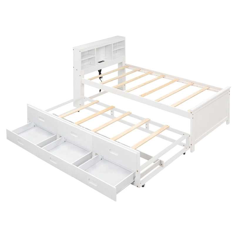 Letto a Piattaforma Grigio / Bianco con 3 Cassetti e Letto Estraibile — Piazza e Mezza + Singolo, per 2 Persone