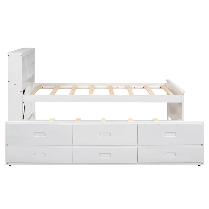 Letto a Piattaforma Grigio / Bianco con 3 Cassetti e Letto Estraibile — Piazza e Mezza + Singolo, per 2 Persone
