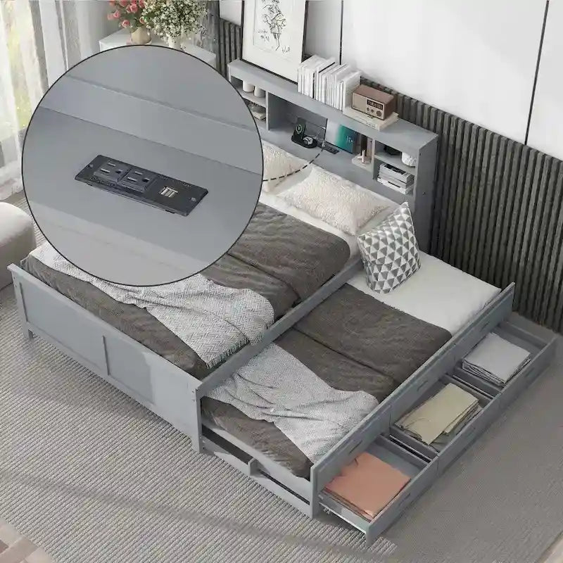 Letto a Piattaforma Grigio / Bianco con 3 Cassetti e Letto Estraibile — Piazza e Mezza + Singolo, per 2 Persone