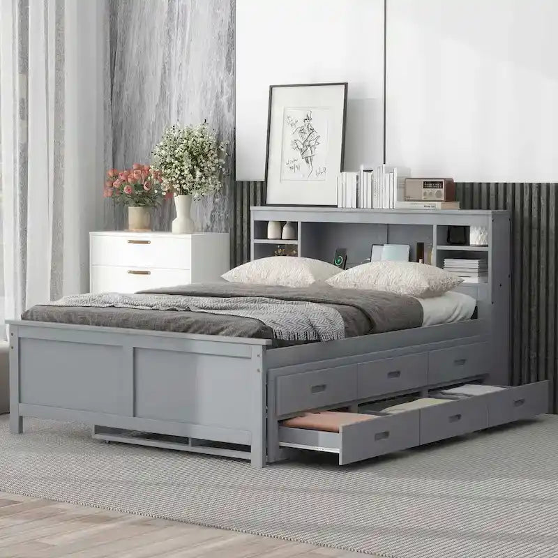 Letto a Piattaforma Grigio / Bianco con 3 Cassetti e Letto Estraibile — Piazza e Mezza + Singolo, per 2 Persone