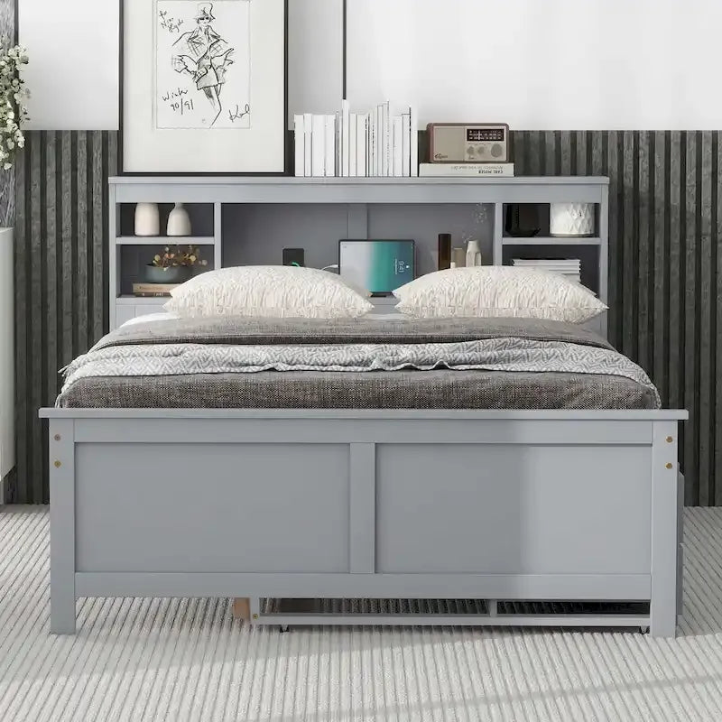Letto a Piattaforma Grigio / Bianco con 3 Cassetti e Letto Estraibile — Piazza e Mezza + Singolo, per 2 Persone