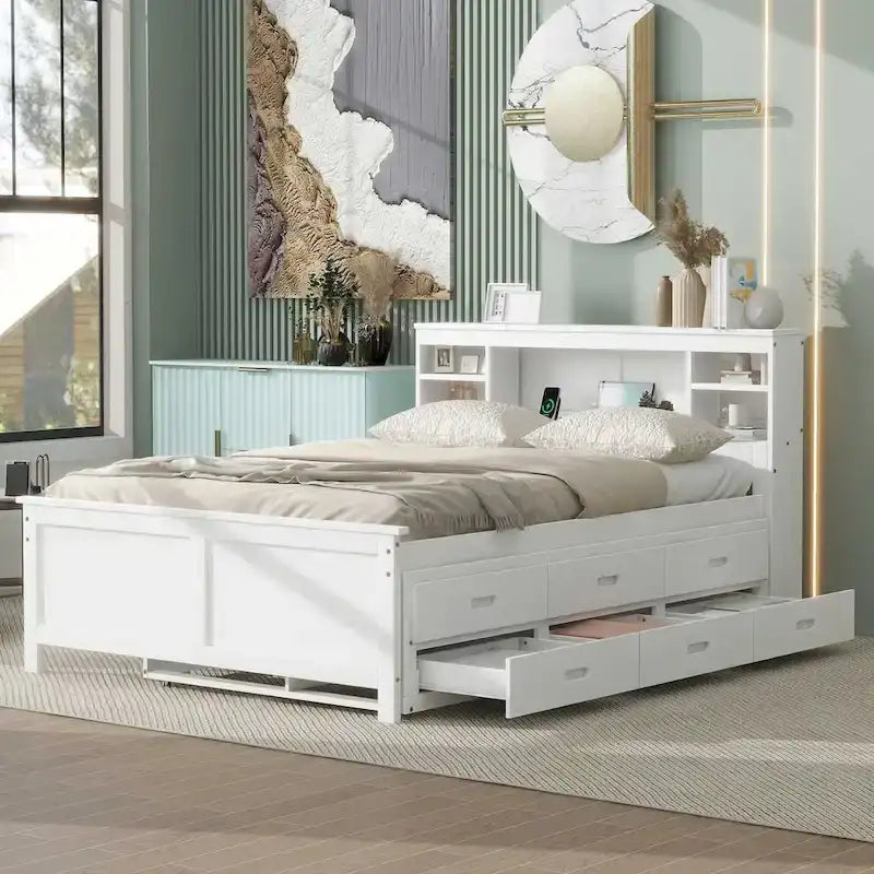 Letto a Piattaforma Grigio / Bianco con 3 Cassetti e Letto Estraibile — Piazza e Mezza + Singolo, per 2 Persone