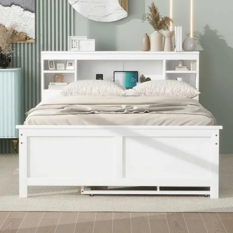 Letto a Piattaforma Grigio / Bianco con 3 Cassetti e Letto Estraibile — Piazza e Mezza + Singolo, per 2 Persone