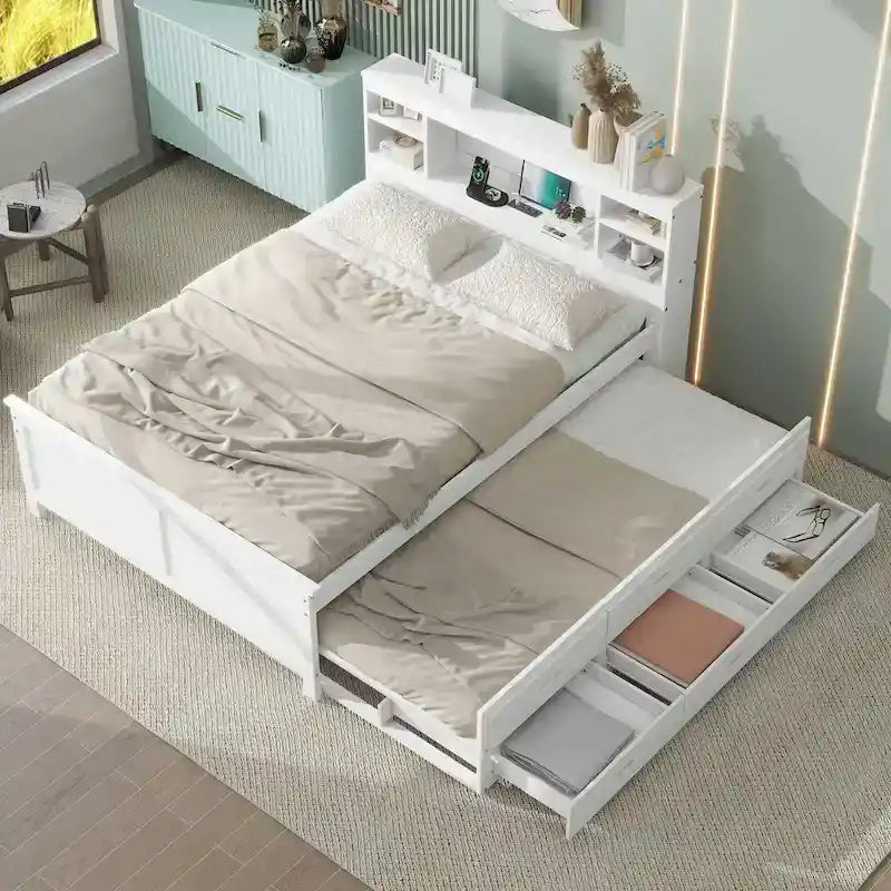 Letto a Piattaforma Grigio / Bianco con 3 Cassetti e Letto Estraibile — Piazza e Mezza + Singolo, per 2 Persone