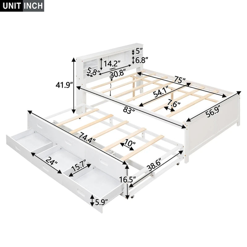 Letto a Piattaforma Grigio / Bianco con 3 Cassetti e Letto Estraibile — Piazza e Mezza + Singolo, per 2 Persone