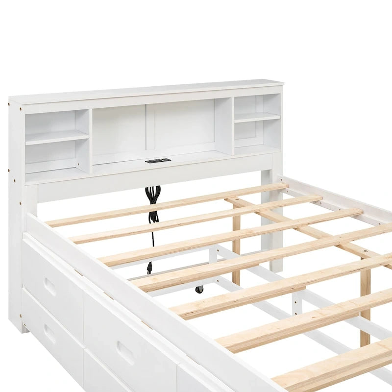 Letto a Piattaforma Grigio / Bianco con 3 Cassetti e Letto Estraibile — Piazza e Mezza + Singolo, per 2 Persone