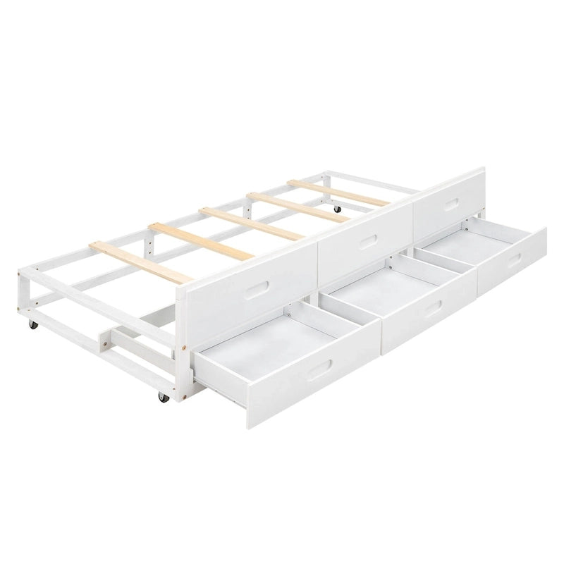 Letto a Piattaforma Grigio / Bianco con 3 Cassetti e Letto Estraibile — Piazza e Mezza + Singolo, per 2 Persone