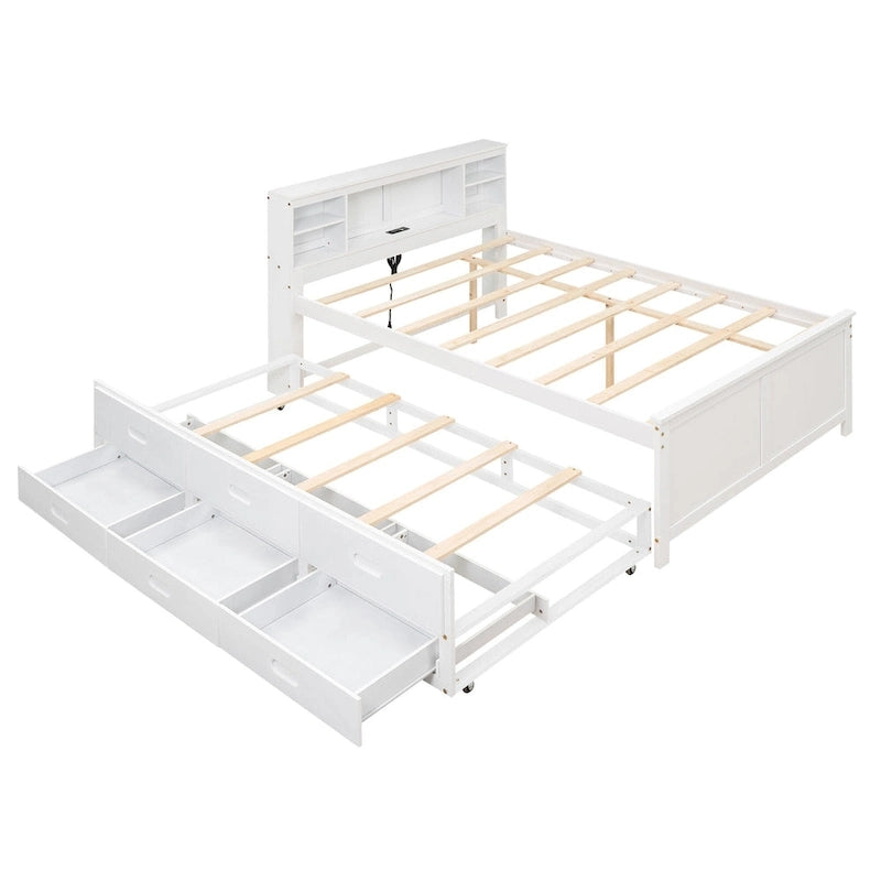 Letto a Piattaforma Grigio / Bianco con 3 Cassetti e Letto Estraibile — Piazza e Mezza + Singolo, per 2 Persone