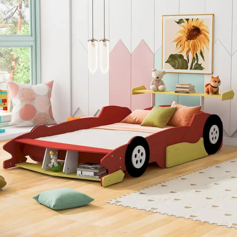 Struttura letto per bambini in stile auto da corsa, colore rosso/blu/nero, con sponda di protezione, misura matrimoniale, per 1 persona