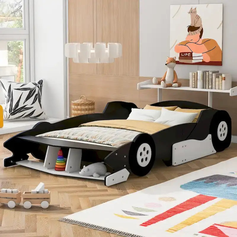 Struttura letto per bambini in stile auto da corsa, colore rosso/blu/nero, con sponda di protezione, misura matrimoniale, per 1 persona