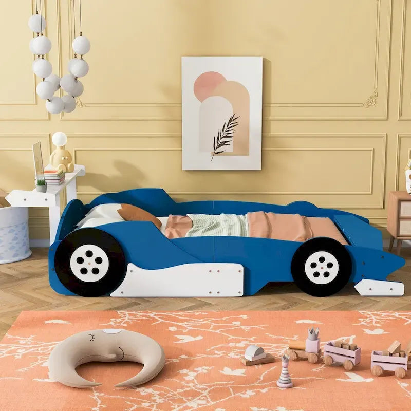Struttura letto per bambini in stile auto da corsa, colore rosso/blu/nero, con sponda di protezione, misura matrimoniale, per 1 persona