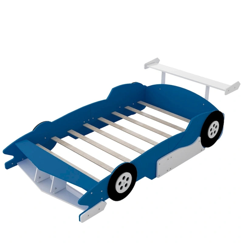 Struttura letto per bambini in stile auto da corsa, colore rosso/blu/nero, con sponda di protezione, misura matrimoniale, per 1 persona