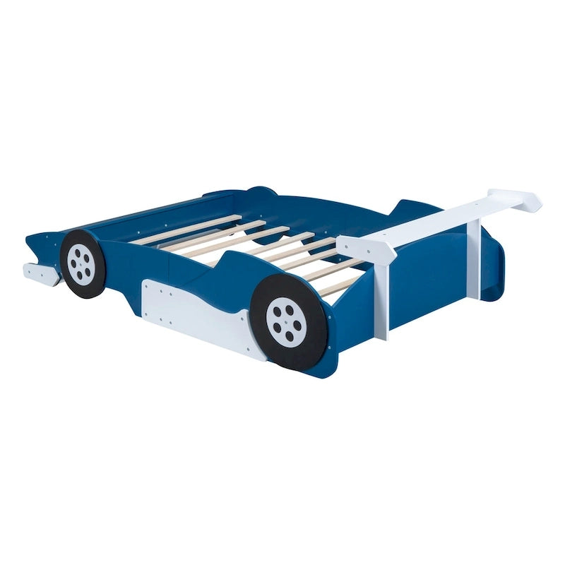Struttura letto per bambini in stile auto da corsa, colore rosso/blu/nero, con sponda di protezione, misura matrimoniale, per 1 persona
