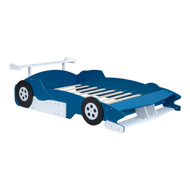 Struttura letto per bambini in stile auto da corsa, colore rosso/blu/nero, con sponda di protezione, misura matrimoniale, per 1 persona