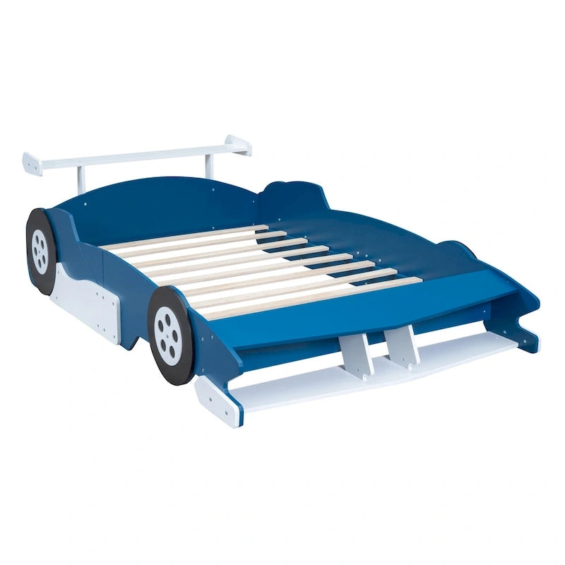 Struttura letto per bambini in stile auto da corsa, colore rosso/blu/nero, con sponda di protezione, misura matrimoniale, per 1 persona