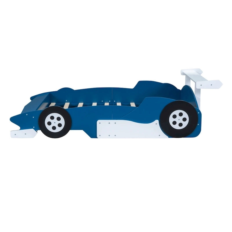 Struttura letto per bambini in stile auto da corsa, colore rosso/blu/nero, con sponda di protezione, misura matrimoniale, per 1 persona