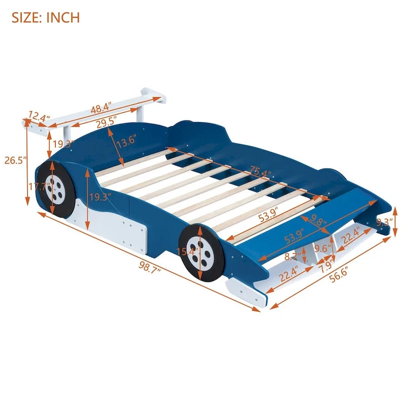 Struttura letto per bambini in stile auto da corsa, colore rosso/blu/nero, con sponda di protezione, misura matrimoniale, per 1 persona