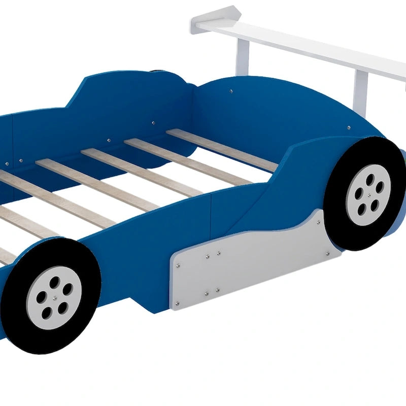 Struttura letto per bambini in stile auto da corsa, colore rosso/blu/nero, con sponda di protezione, misura matrimoniale, per 1 persona