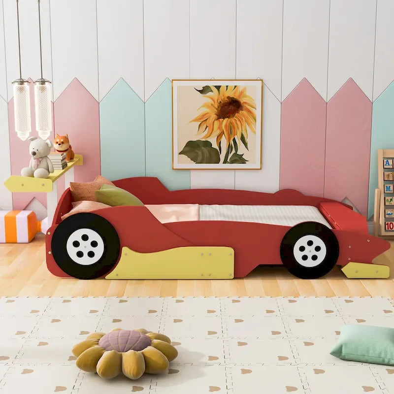 Struttura letto per bambini in stile auto da corsa, colore rosso/blu/nero, con sponda di protezione, misura matrimoniale, per 1 persona