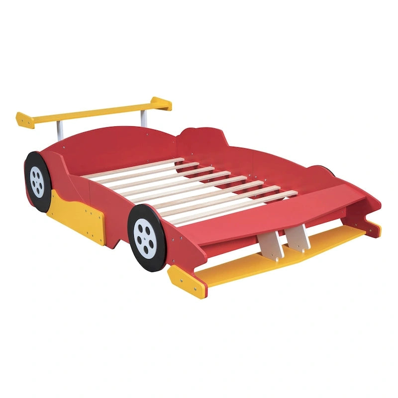 Struttura letto per bambini in stile auto da corsa, colore rosso/blu/nero, con sponda di protezione, misura matrimoniale, per 1 persona