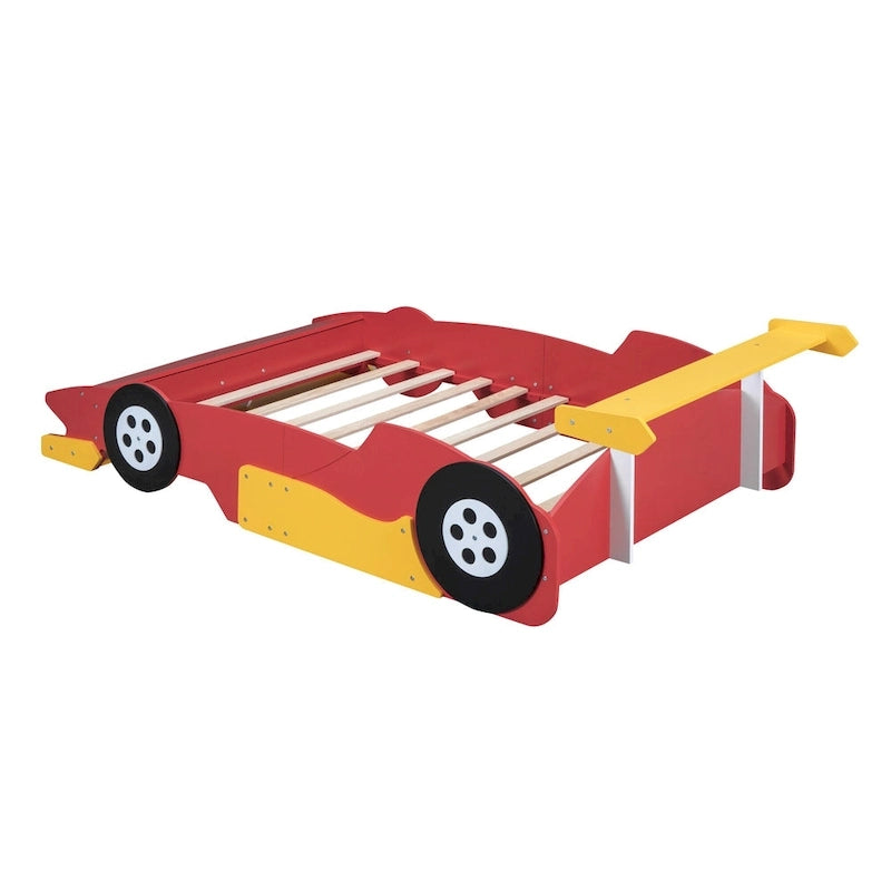 Struttura letto per bambini in stile auto da corsa, colore rosso/blu/nero, con sponda di protezione, misura matrimoniale, per 1 persona