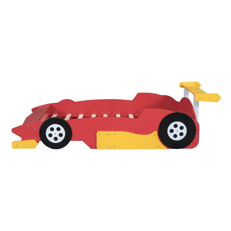Struttura letto per bambini in stile auto da corsa, colore rosso/blu/nero, con sponda di protezione, misura matrimoniale, per 1 persona