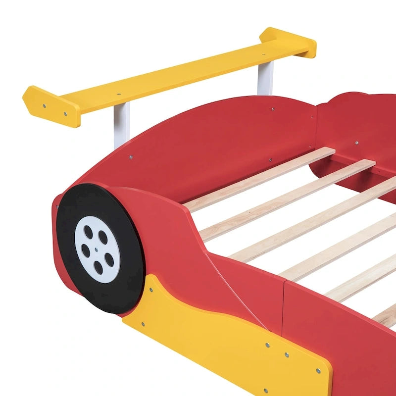 Struttura letto per bambini in stile auto da corsa, colore rosso/blu/nero, con sponda di protezione, misura matrimoniale, per 1 persona