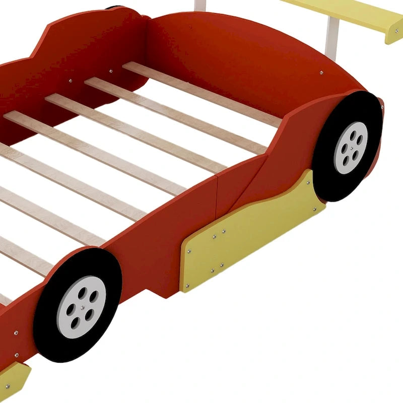 Struttura letto per bambini in stile auto da corsa, colore rosso/blu/nero, con sponda di protezione, misura matrimoniale, per 1 persona