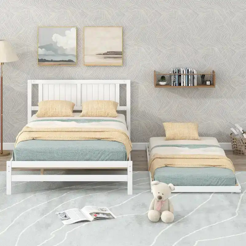 Letto a piattaforma bianco matrimoniale+singolo con letto estraibile regolabile – 2 posti letto