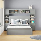 Letto matrimoniale Queen grigio con cassetti portaoggetti, ripiani e prese incorporate – Per 2 persone