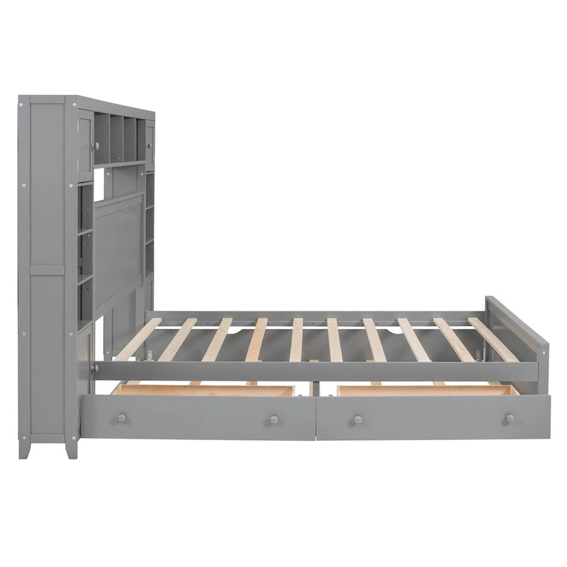 Letto matrimoniale Queen grigio con cassetti portaoggetti, ripiani e prese incorporate – Per 2 persone