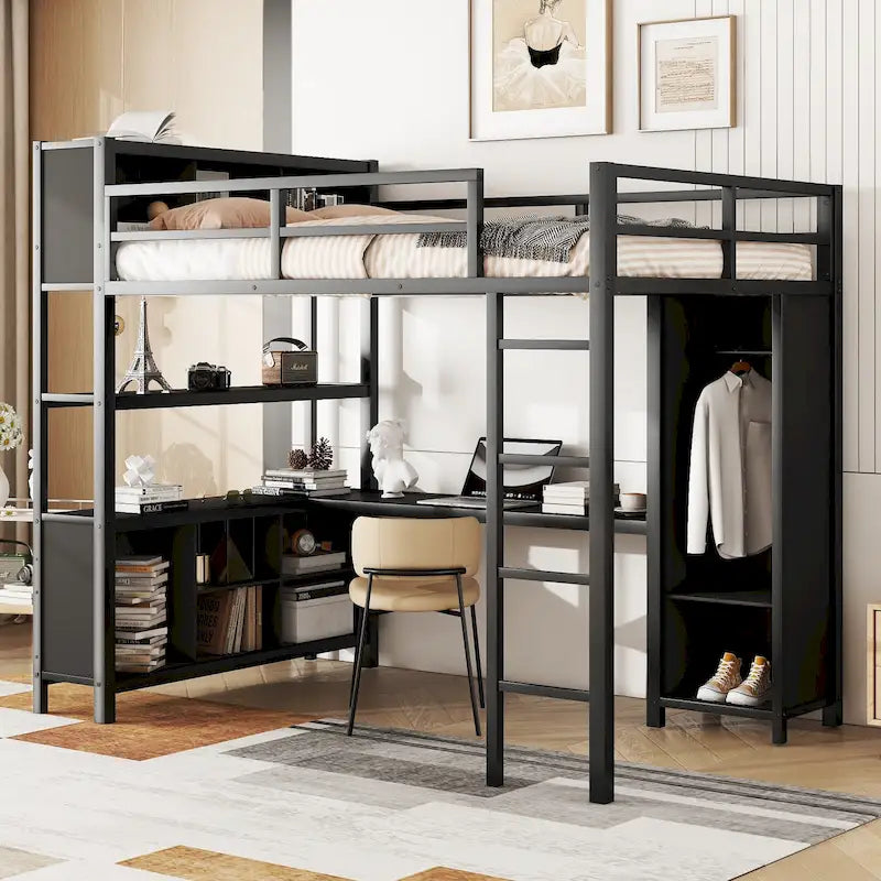 Letto a soppalco in metallo nero/bianco sporco con scrivania a L e armadio, singolo, 1 persona
