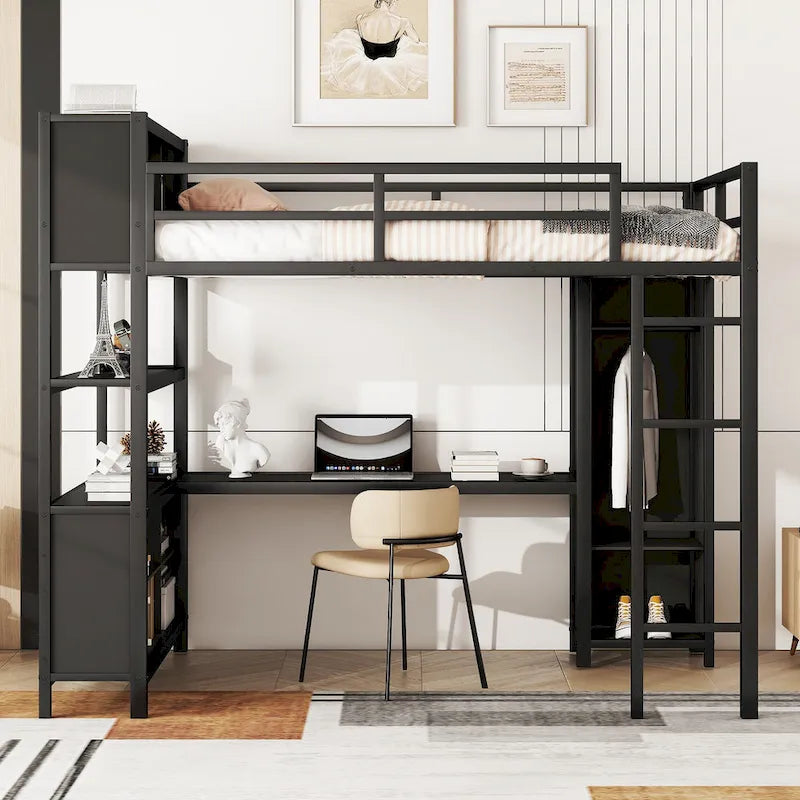 Letto a soppalco in metallo nero/bianco sporco con scrivania a L e armadio, singolo, 1 persona