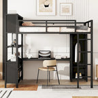 Letto a soppalco in metallo nero/bianco sporco con scrivania a L e armadio, singolo, 1 persona
