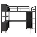 Letto a soppalco in metallo nero/bianco sporco con scrivania a L e armadio, singolo, 1 persona