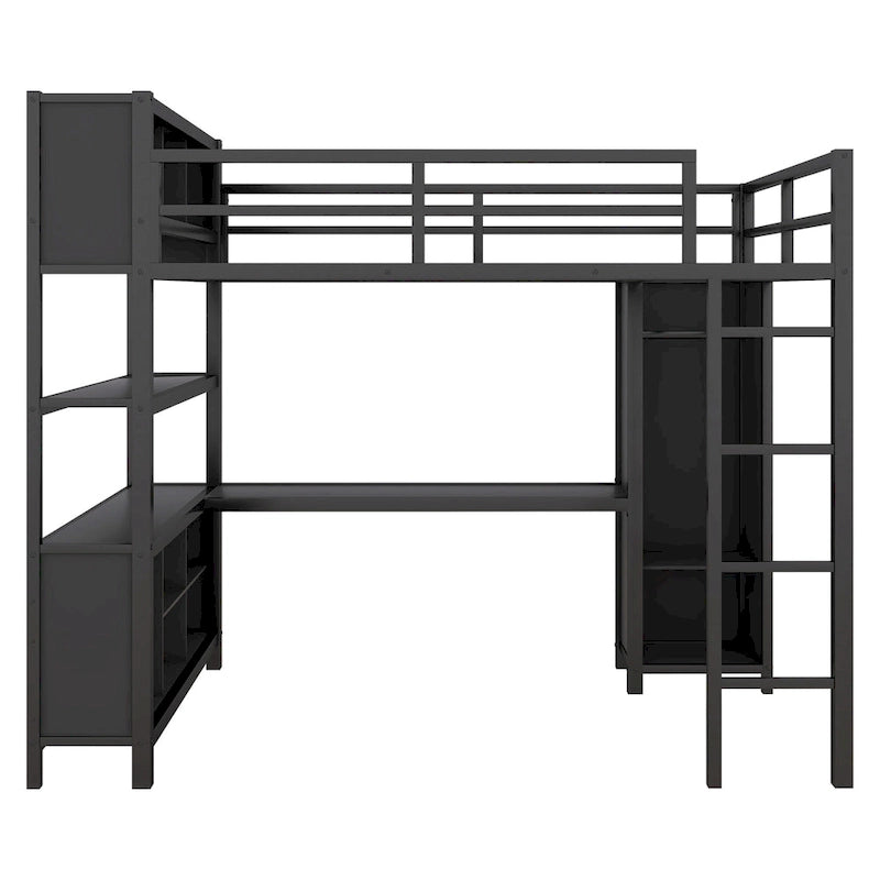 Letto a soppalco in metallo nero/bianco sporco con scrivania a L e armadio, singolo, 1 persona
