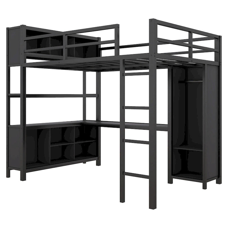 Letto a soppalco in metallo nero/bianco sporco con scrivania a L e armadio, singolo, 1 persona
