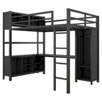 Letto a soppalco in metallo nero/bianco sporco con scrivania a L e armadio, singolo, 1 persona