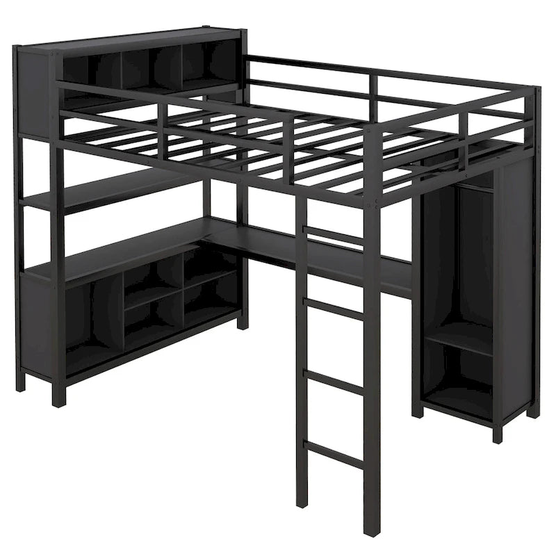 Letto a soppalco in metallo nero/bianco sporco con scrivania a L e armadio, singolo, 1 persona