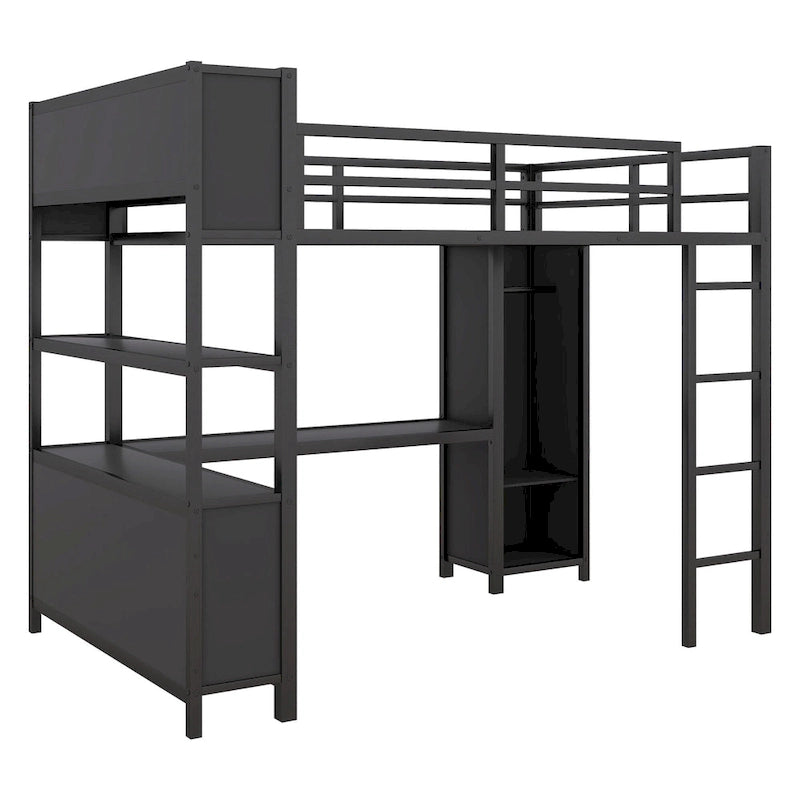 Letto a soppalco in metallo nero/bianco sporco con scrivania a L e armadio, singolo, 1 persona