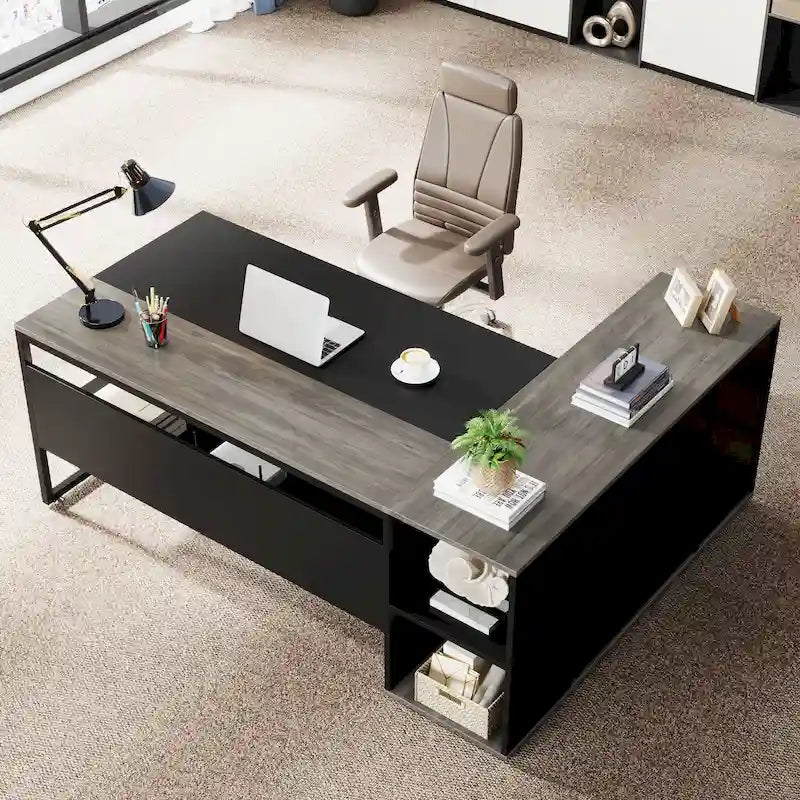 Scrivania a L con armadietto e ripiani, per 2 persone, 180 cm | Grigio/Nero, Marrone, Nero