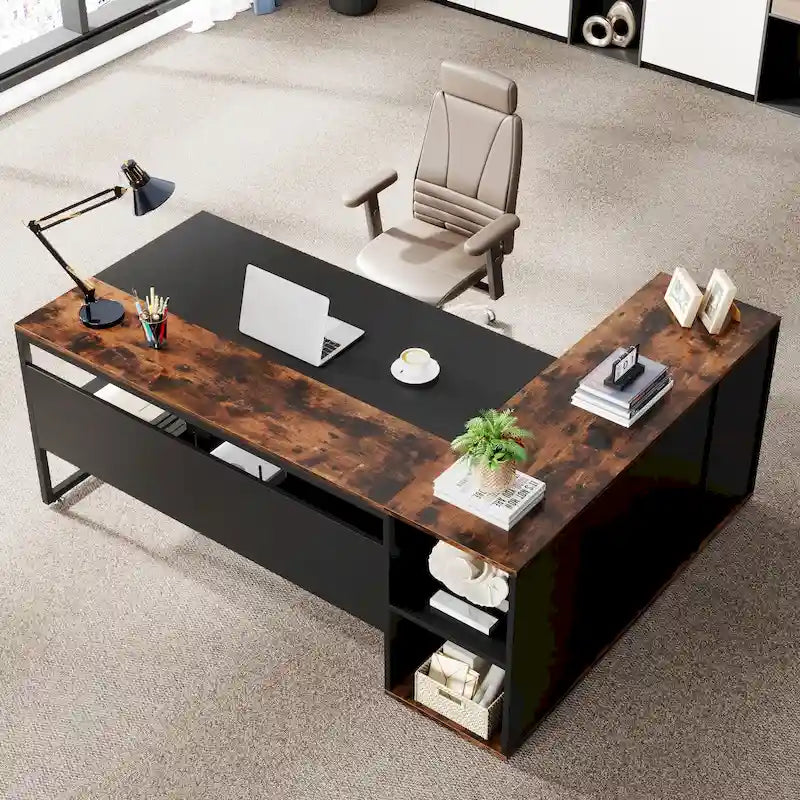 Scrivania a L con armadietto e ripiani, per 2 persone, 180 cm | Grigio/Nero, Marrone, Nero