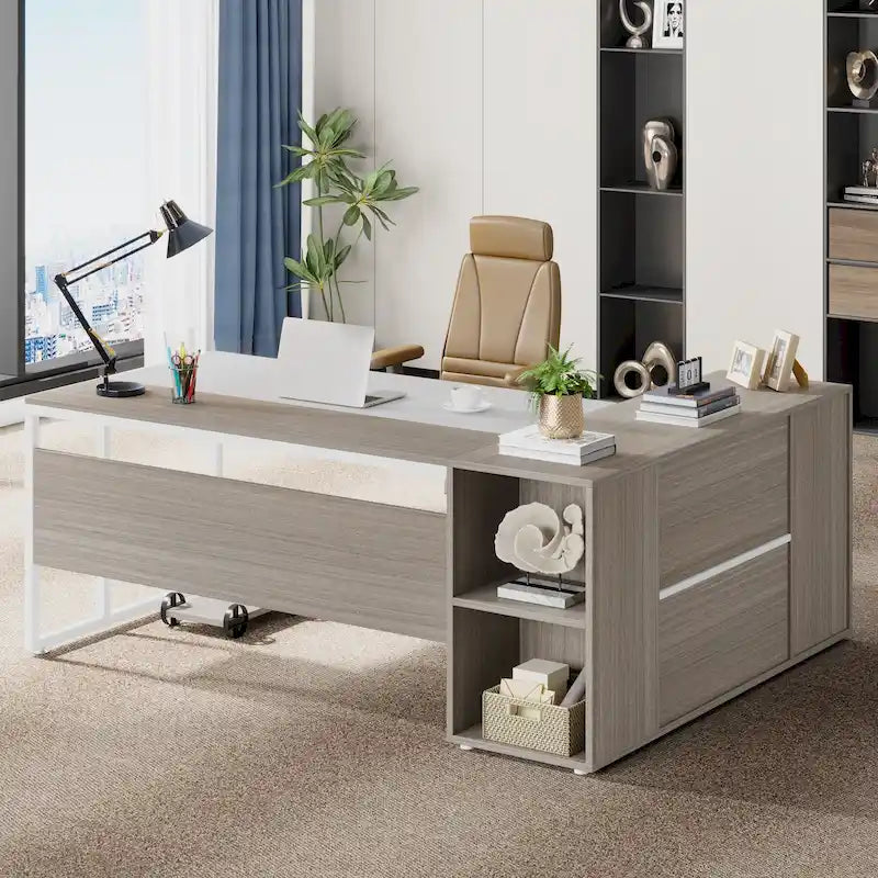 Scrivania a L con armadietto e ripiani, per 2 persone, 180 cm | Grigio/Nero, Marrone, Nero