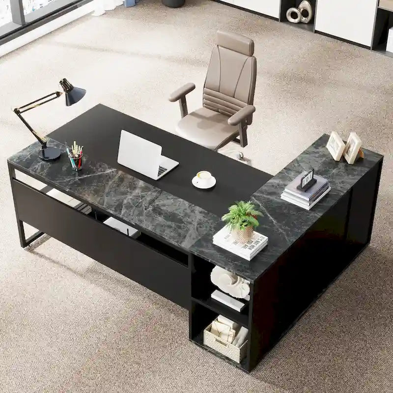 Scrivania a L con armadietto e ripiani, per 2 persone, 180 cm | Grigio/Nero, Marrone, Nero