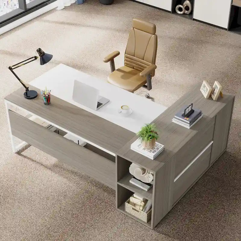 Scrivania a L con armadietto e ripiani, per 2 persone, 180 cm | Grigio/Nero, Marrone, Nero