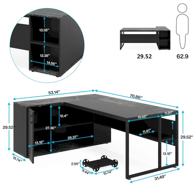 Scrivania a L con armadietto e ripiani, per 2 persone, 180 cm | Grigio/Nero, Marrone, Nero