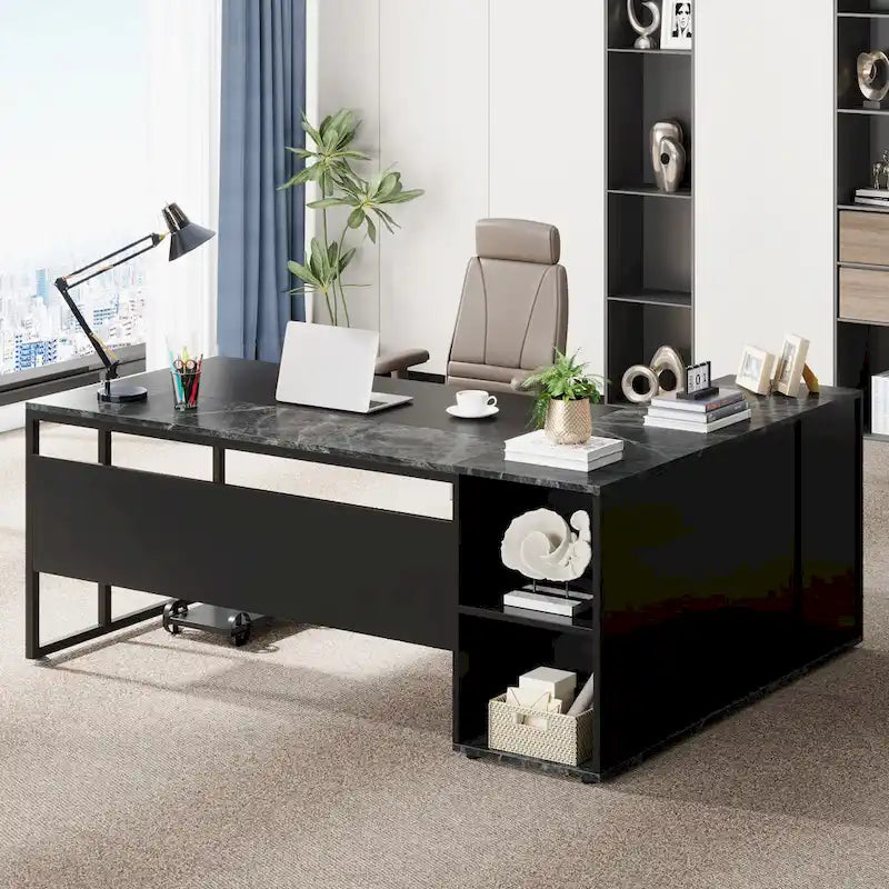 Scrivania a L con armadietto e ripiani, per 2 persone, 180 cm | Grigio/Nero, Marrone, Nero