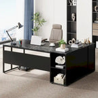 Scrivania a L con armadietto e ripiani, per 2 persone, 180 cm | Grigio/Nero, Marrone, Nero