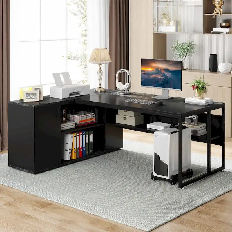 Scrivania a L con armadietto e ripiani, per 2 persone, 180 cm | Grigio/Nero, Marrone, Nero