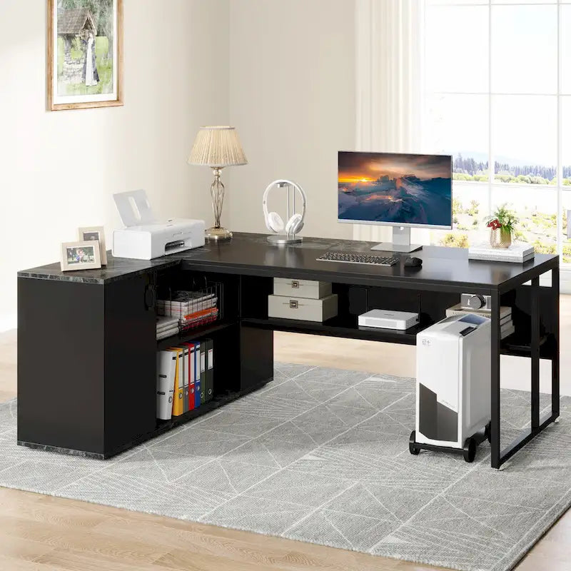Scrivania a L con armadietto e ripiani, per 2 persone, 180 cm | Grigio/Nero, Marrone, Nero